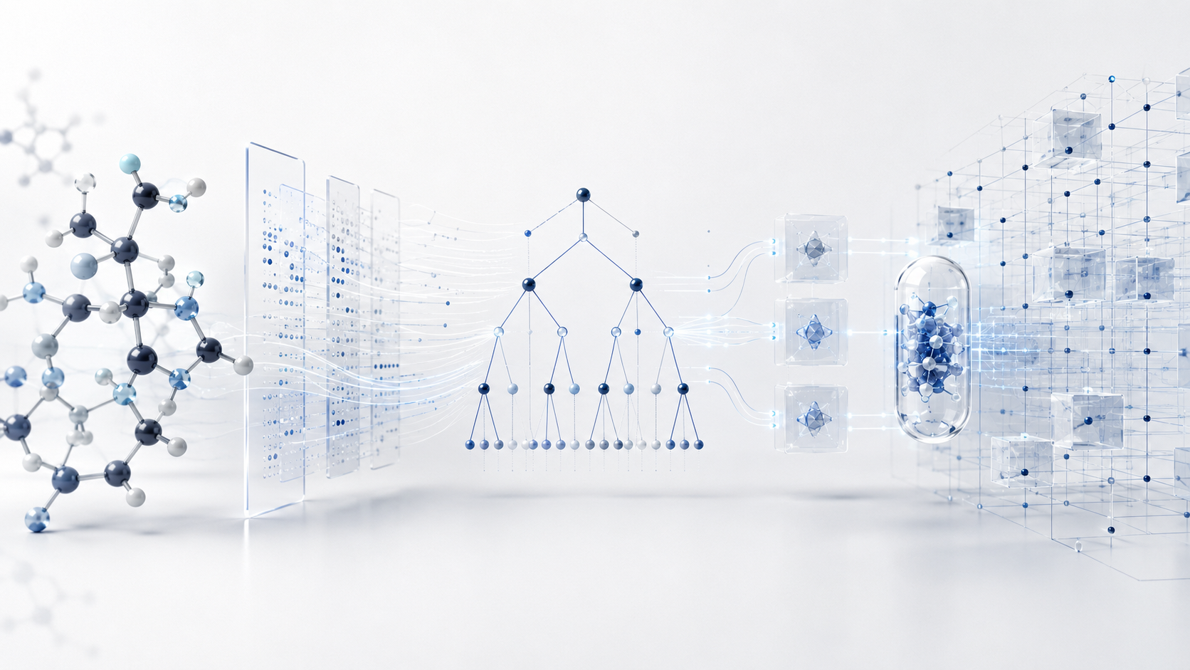 Conceptual molecular data passing through a deterministic decision-tree model into encrypted, distributed ledger state